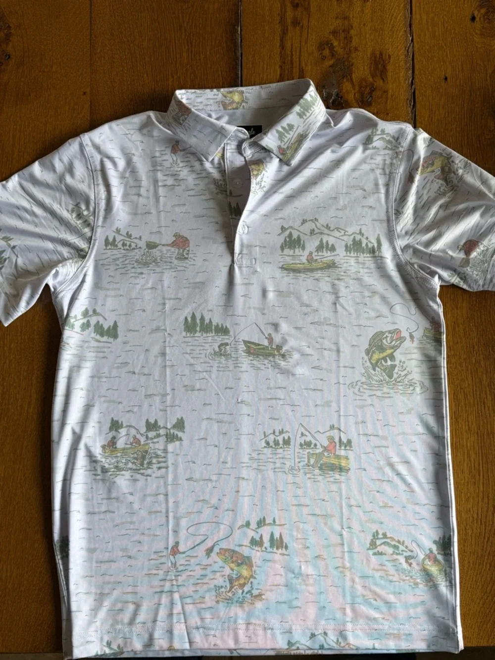 Men's White Fishing-Print Polo Shirt - Picture 4 of 4